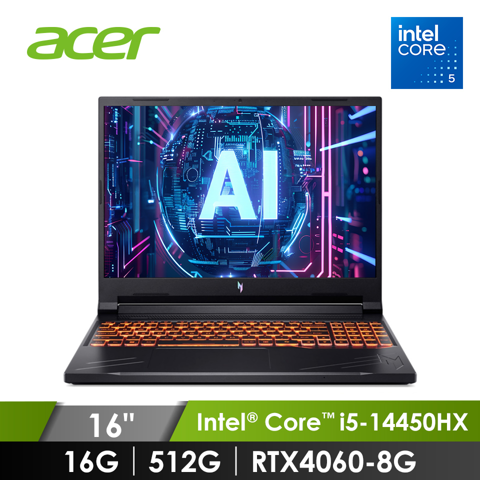 宏碁 ACER Nitro V AI電競筆電 16" (Intel Core i5-14450HX/16G/512G/RTX4060-8G/W11)