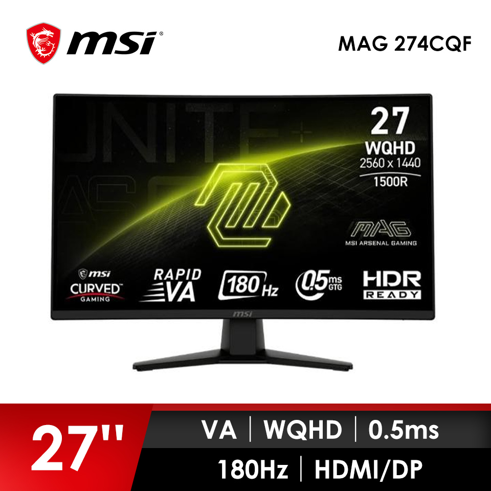 微星 MSI 27型 2K 曲面電競螢幕 (27"/2560x1440WQHD/180Hz/0.5ms/2HMDI/1DP)