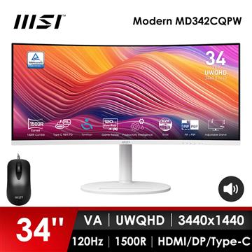 微星MSI 34型 UWQHD 曲面螢幕-加滑鼠 (34"/3440x1440/120Hz/4ms/喇叭/VA/曲面/白)